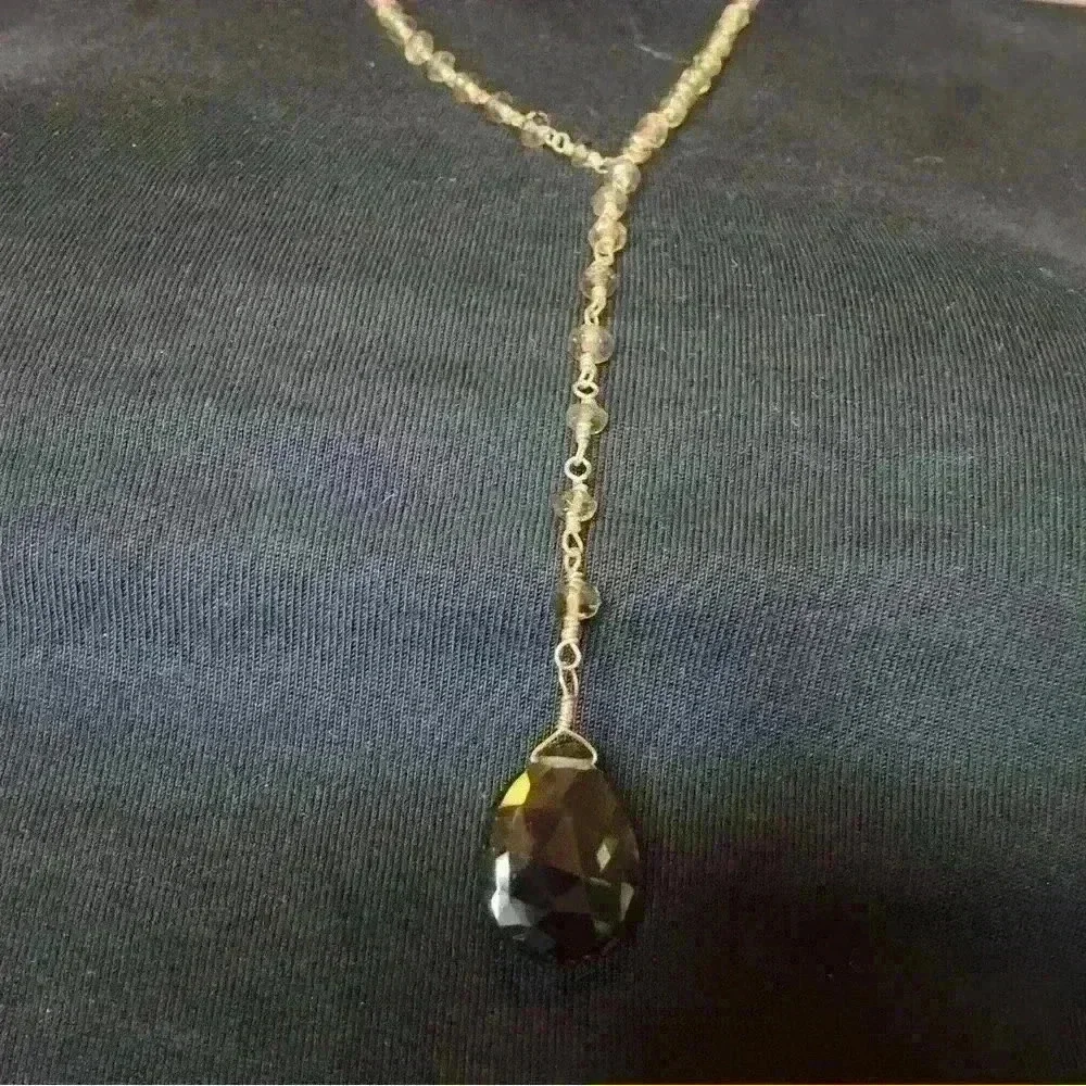 Vintage Natural Smoky Quartz brown Gemstone, Pendant pleated necklace